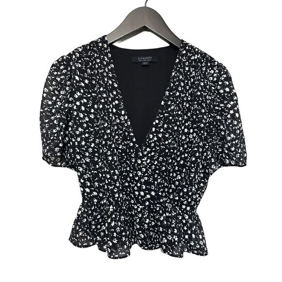 Allsaints Black Floral Surplice Ilia Pippa Wrap Top size 2 - Picture 1 of 8